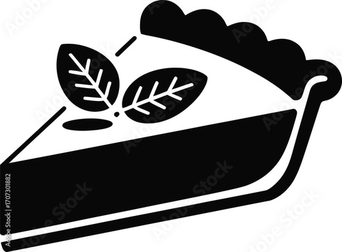 Mint Leaf Garnished Pie Slice Silhouette Vector Illustration in Black on Transparent