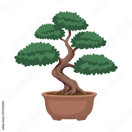 Elegant bonsai tree in brown pot with lush green foliage – flat illustration
