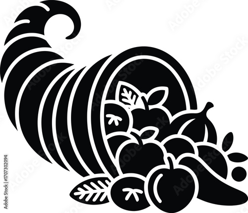 Cornucopia Silhouette Vector Illustration in Black and White Abundance Graphic Design
