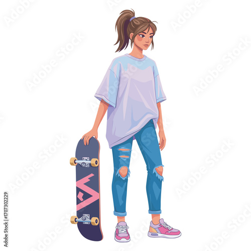 Teenage caucasian female with skateboard in casual outfit and ponytail standing confidently – flat illustration
