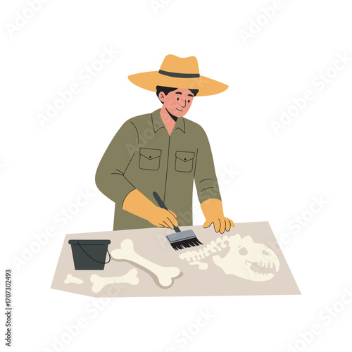 Male archaeologist examining dinosaur fossils with paintbrush and tools – flat illustration
