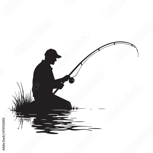 silhouette of a fisherman with fishing rod, fishing, fisherman, silhouette, boy, fish, sunset, rod, woman, water, vector, people, illustration, sport, lake, angler, cartoon, summer, fun, nature, beach