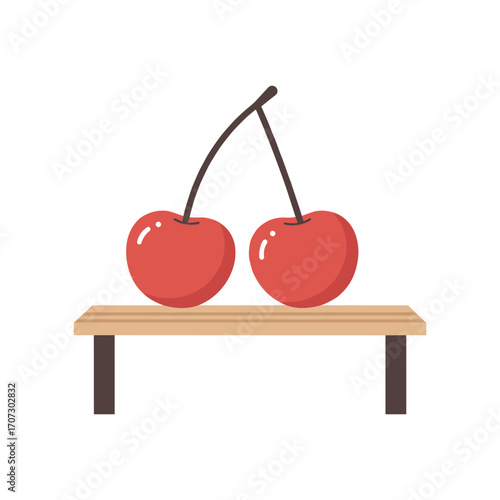 Illustration of two cherries on wooden table with – flat illustration