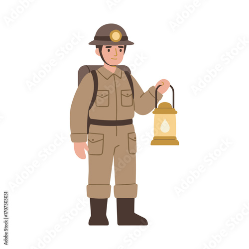 Cartoon miner holding lantern in uniform with hard hat and backpack – flat illustration
