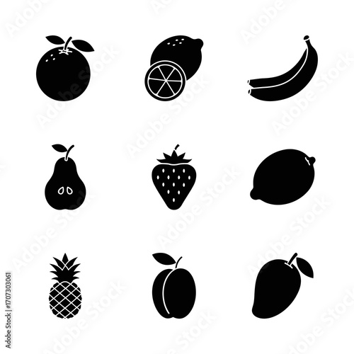 Nine Silhouetted Fruits Orange, Lemon, Banana, Pear, Strawberry, Lime, Pineapple, Plum, Mango