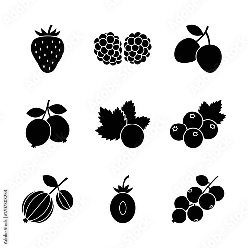 Various fresh berries and fruits icons set, healthy food symbols