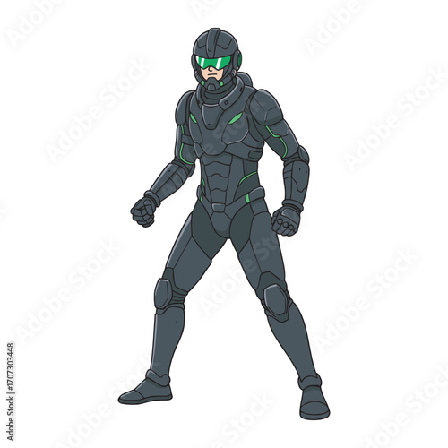 Futuristic armored cyborg in combat suit with green accents – flat illustration