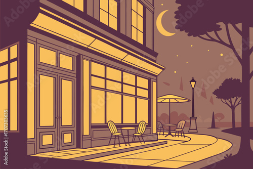 Cozy night cafe with glowing warm lights and empty outdoor seating area