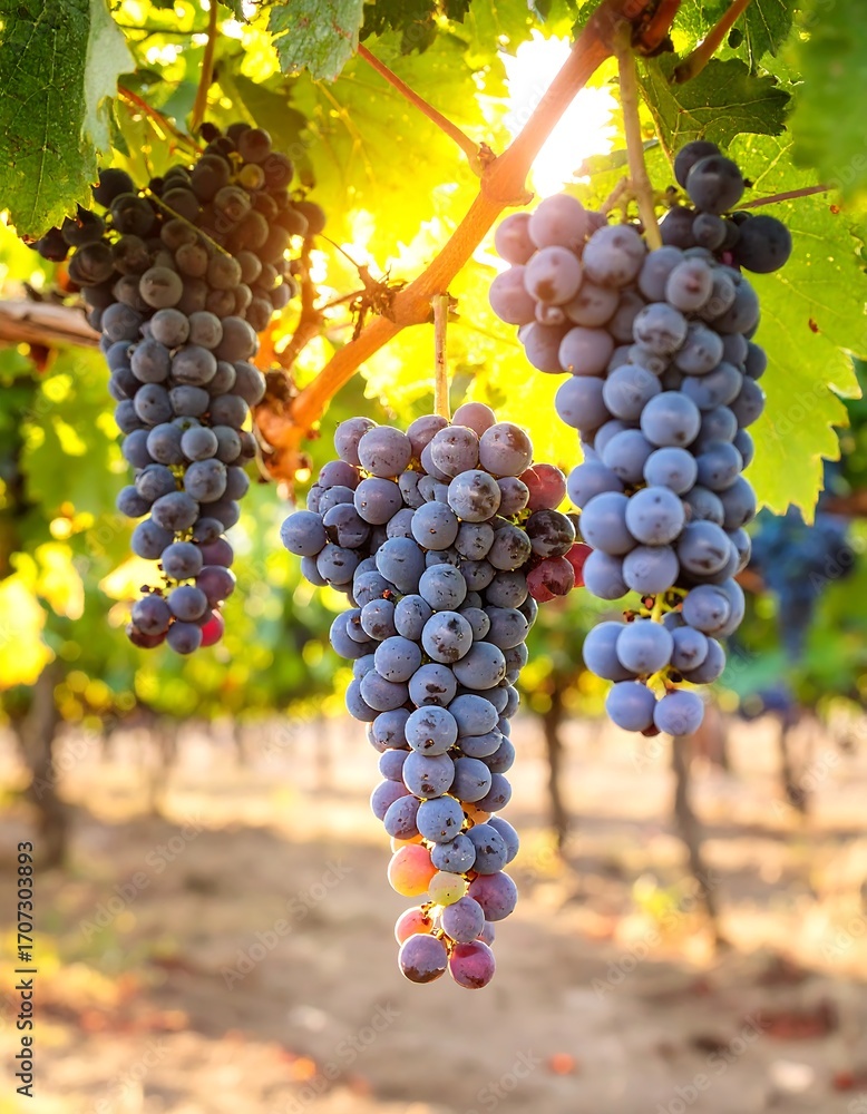 Naklejka premium Clusters of dark purple grapes hang from vines in a sunlit vineyard