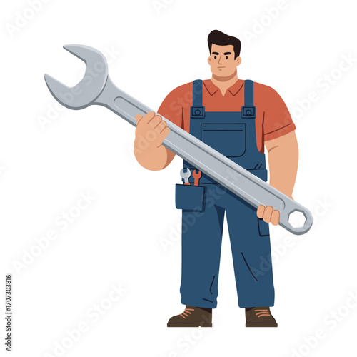 Male mechanic holding large wrench in overalls – flat illustration