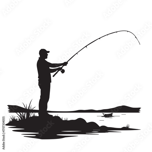 silhouette of a fisherman with fishing rod, fishing, fisherman, silhouette, boy, fish, sunset, rod, woman, water, vector, people, illustration, sport, lake, angler, cartoon, summer, fun, nature, beach