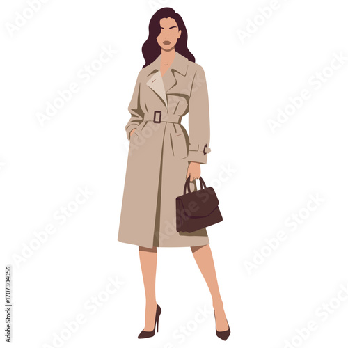 Elegant young hispanic female in stylish trench coat holding a handbag – flat illustration