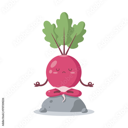 Cartoon radish meditating on rock with calm expression and green leaves – flat illustration