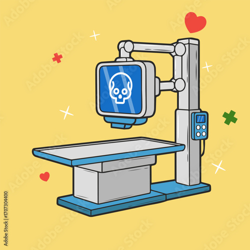 An illustration of an X-ray machine, a vector icon for medical diagnostics and bone imaging. This graphic represents radiology, skeletal health, and hospital equipment.