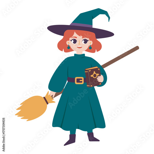 Female child witch with red hair holding broom and spellbook – flat illustration