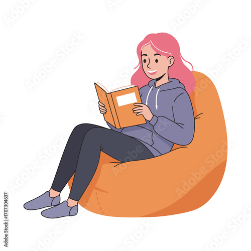 Young female reading book on beanbag chair with relaxed expression – flat illustration