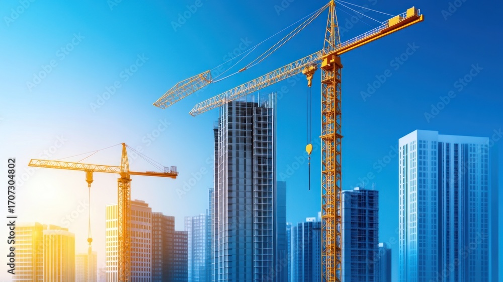 Fototapeta premium Construction cranes over modern city buildings
