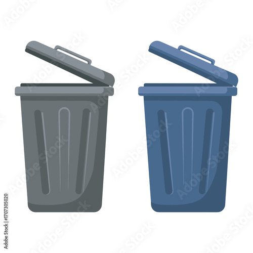 Open trash bins: gray and blue waste containers with lids – flat illustration