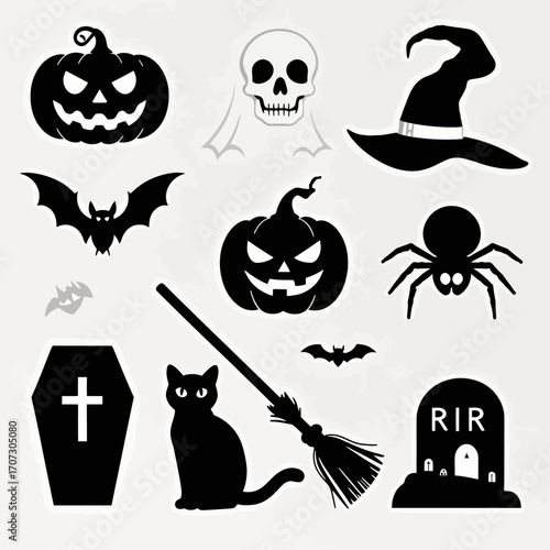 A collection of classic Halloween silhouettes including jack-o'-lanterns, a skull, witch's hat, bats, a spider, a black cat, and a tombstone.