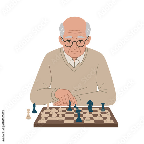 Elderly caucasian male playing chess with focused expression and thoughtful strategy – flat illustration