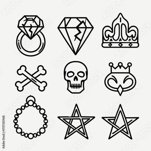 A collection of minimalist line art icons featuring jewelry, symbols, and a skull.