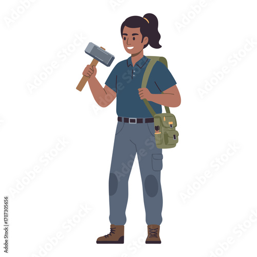 Asian female young carpenter with tools and hammer ready for work – flat illustration