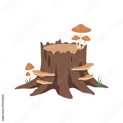 Tree stump with mushrooms and grass elements – flat illustration