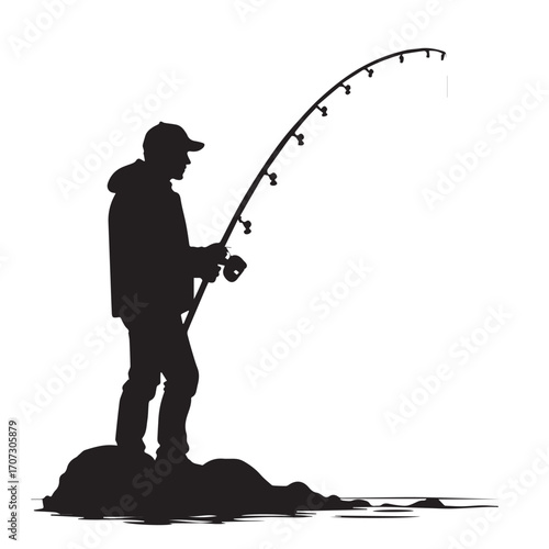 silhouette of a fisherman with fishing rod, fishing, fisherman, silhouette, boy, fish, sunset, rod, woman, water, vector, people, illustration, sport, lake, angler, cartoon, summer, fun, nature, beach