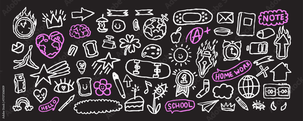 Fototapeta premium Kid vector doodle icons with school theme, sketchy note elements, pencils, stars, hearts in playful child drawing style.