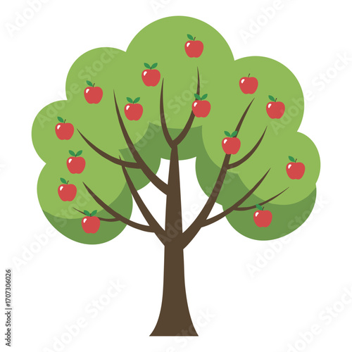 Illustration of an apple tree with red apples on branches in lush green foliage – flat illustration