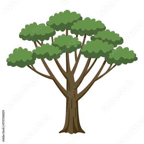 Lush green tree with thick trunk and branches against – flat illustration