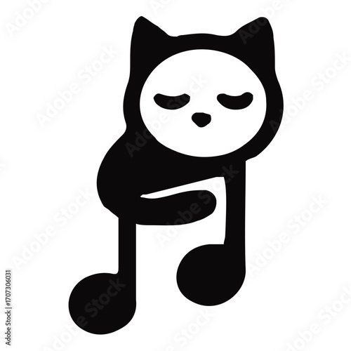Minimalist black and white logo design of a cute cat's head on a body shaped like a musical note, a simple and modern graphic icon