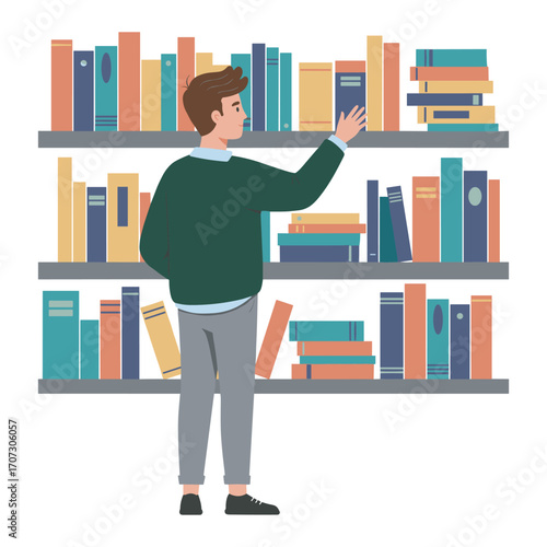 Young caucasian male browsing bookshelves in a library setting – flat illustration