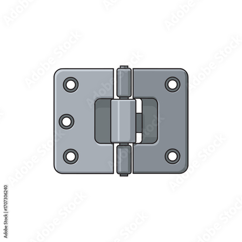 Detailed illustration of a metal door hinge with screw holes in gray tones – flat illustration