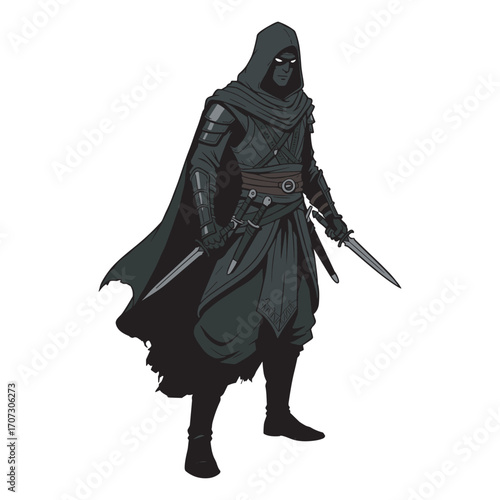 Stealthy hooded assassin with dual daggers in mysterious cloak – flat illustration