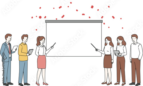 Business team presentation, corporate meeting, office discussion, professional colleagues collaborating, workplace teamwork, seminar training, group strategy session, business people standing near