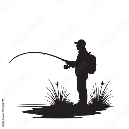 silhouette of a fisherman with fishing rod, fishing, fisherman, silhouette, boy, fish, sunset, rod, woman, water, vector, people, illustration, sport, lake, angler, cartoon, summer, fun, nature, beach
