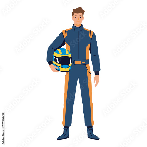 Young caucasian male racing driver holding helmet in blue-orange suit – flat illustration