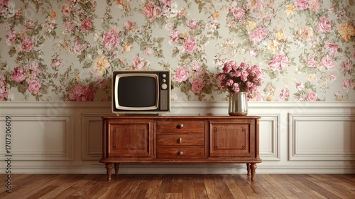Vintage floral pattern wallpaper in modern victorian-style living room with wooden flooring, elegant interior design, and textured wall décor inspiration