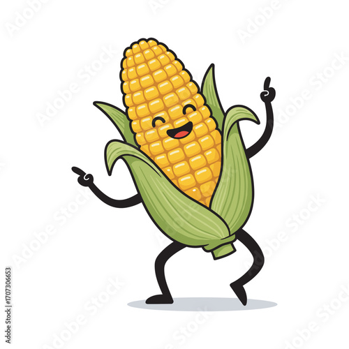 Happy dancing corn cartoon character against – flat illustration