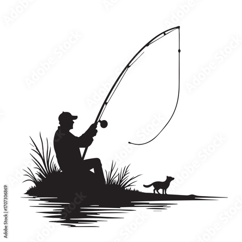silhouette of a fisherman with fishing rod, fishing, fisherman, silhouette, boy, fish, sunset, rod, woman, water, vector, people, illustration, sport, lake, angler, cartoon, summer, fun, nature, beach
