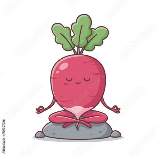 Cute cartoon radish meditating on a rock with peaceful expression – flat illustration