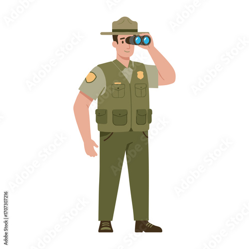 Caucasian male park ranger observing through binoculars wearing uniform and hat – flat illustration