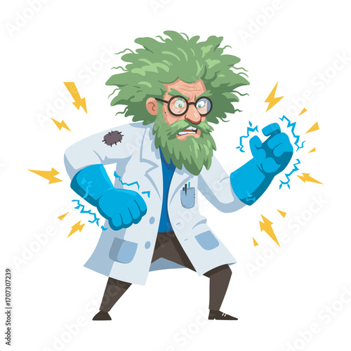 Cartoon mad scientist in lab coat with wild green hair and electrifying gloves – flat illustration
