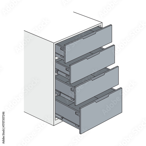 Four-drawer office filing cabinet in gray with open drawers – flat illustration