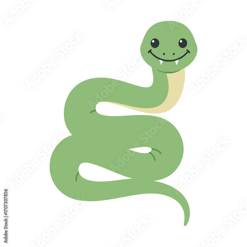 Smiling green cartoon snake with fangs and curved body – flat illustration