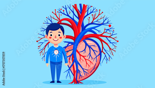 Child standing with large human heart illustration