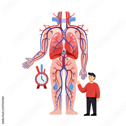 Human circulatory system with doctor and clock