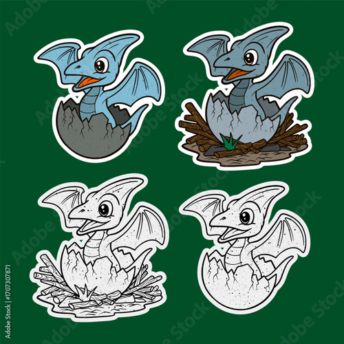 Baby pterosaur breaking out of egg in twig nest sticker illustration