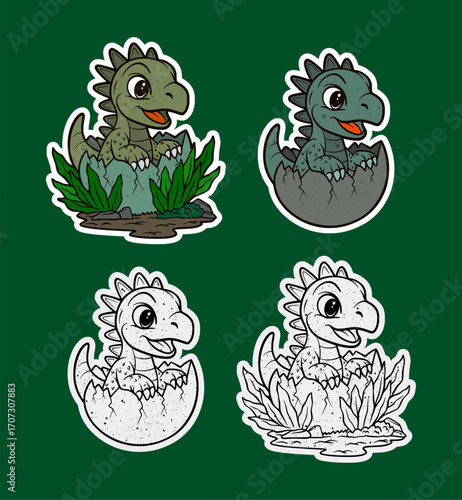 Spiny backed baby dinosaur hatching in leaf nest sticker illustration